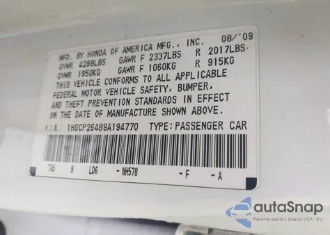 2009 Honda Accord 2.4 Lx-P from USA, damaged, VIN 1HGCP26489A194770
